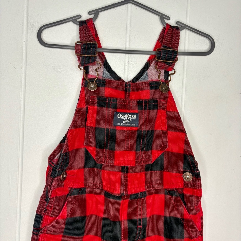 Vintage OshKosh Toddler Red & Black Checkered Corduroy Overalls Size 24 Months - Picture 3 of 8